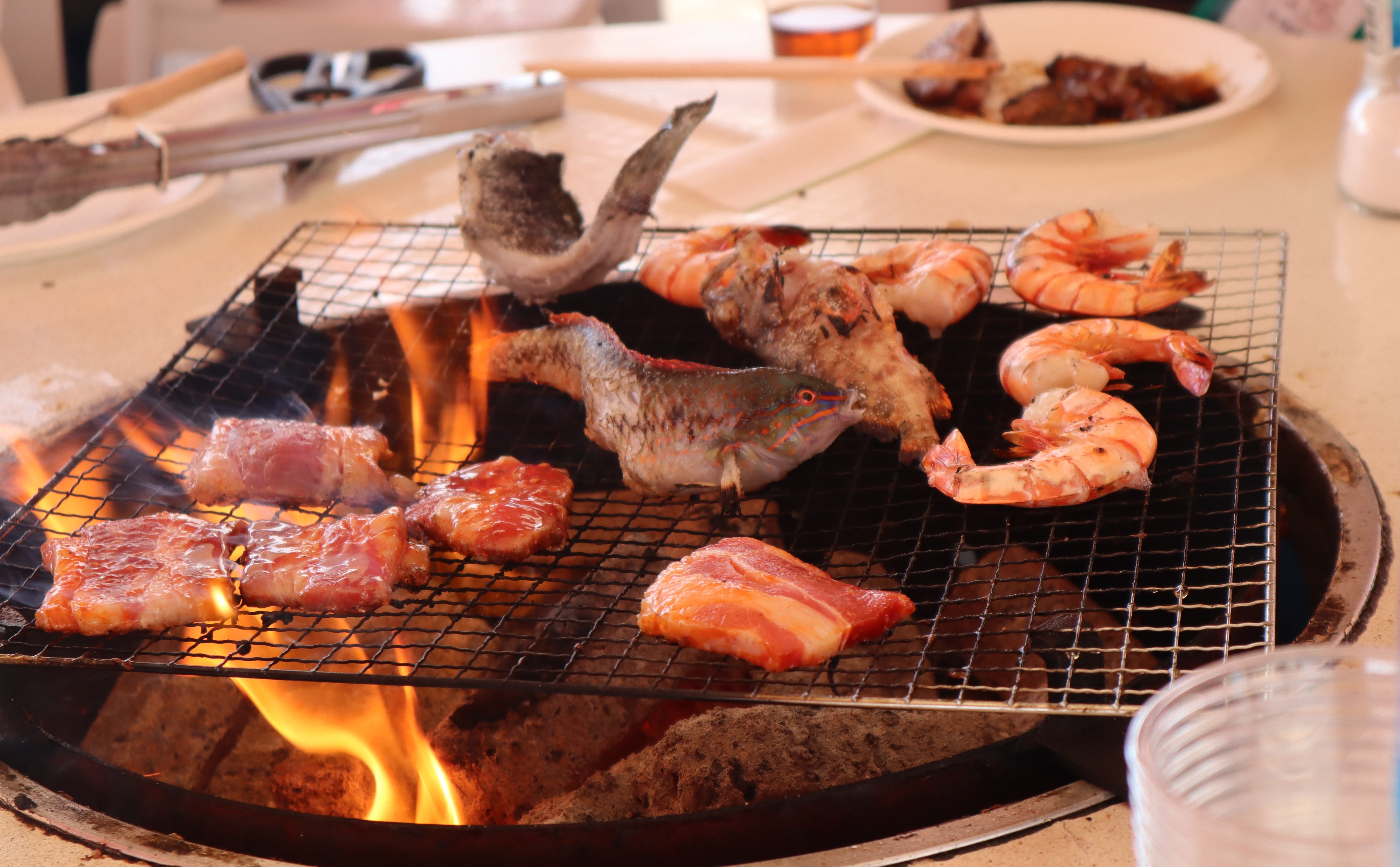釣った魚や買った肉を焼いている写真